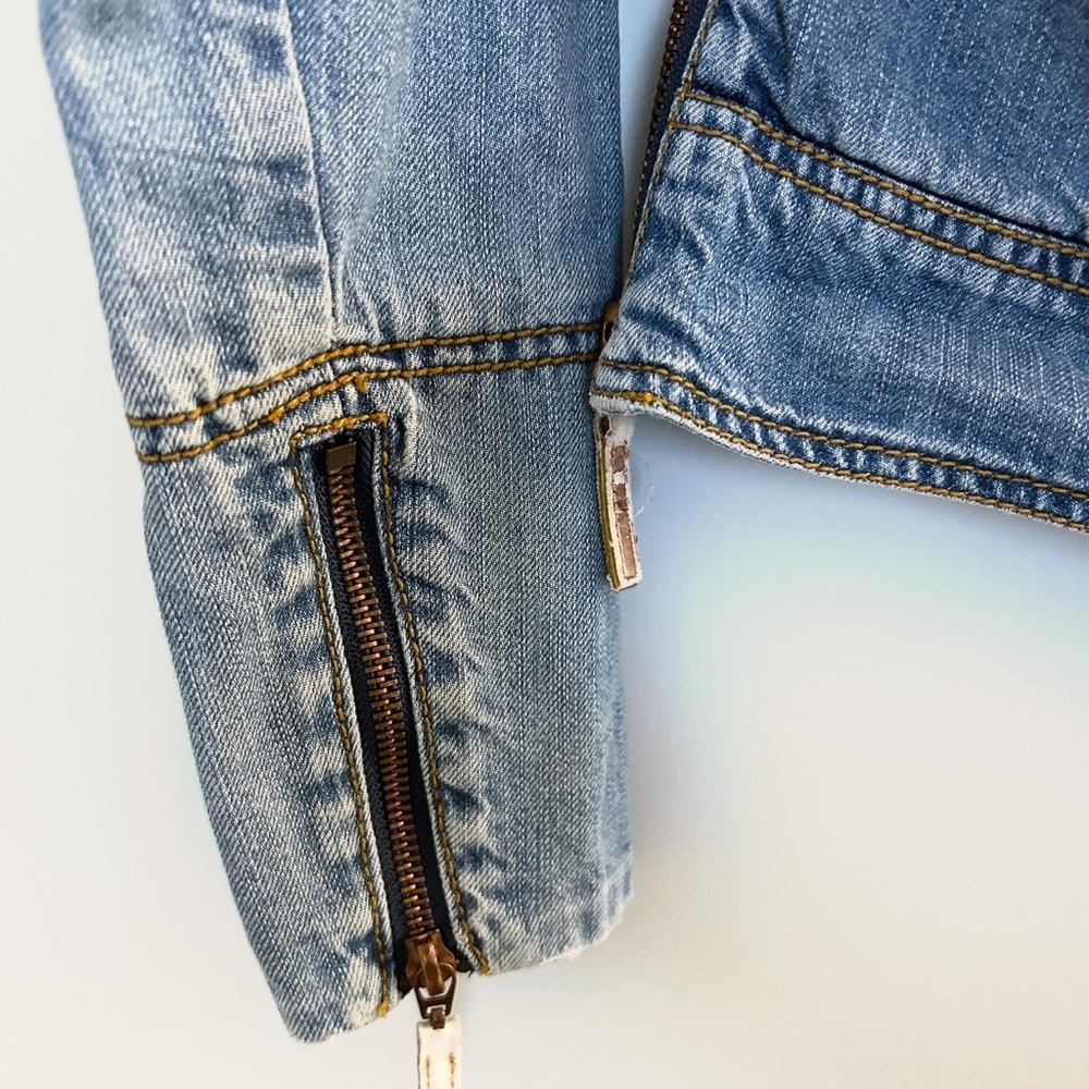 Workers for Freedom Cropped Denim Moto Jacket Y2K Indie Sleaze Size 4 - Picture 10 of 10